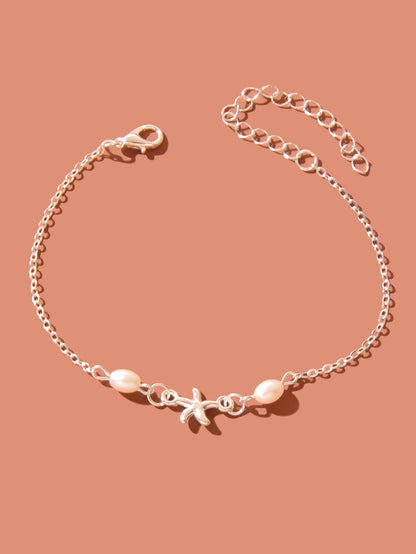 Silver Chain Pearl Beaded Starfish Charm Adjustable Anklet Women Jewellery Gifts-1