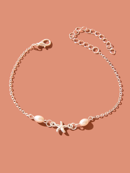 Silver Chain Pearl Beaded Starfish Charm Adjustable Anklet Women Jewellery Gifts-1
