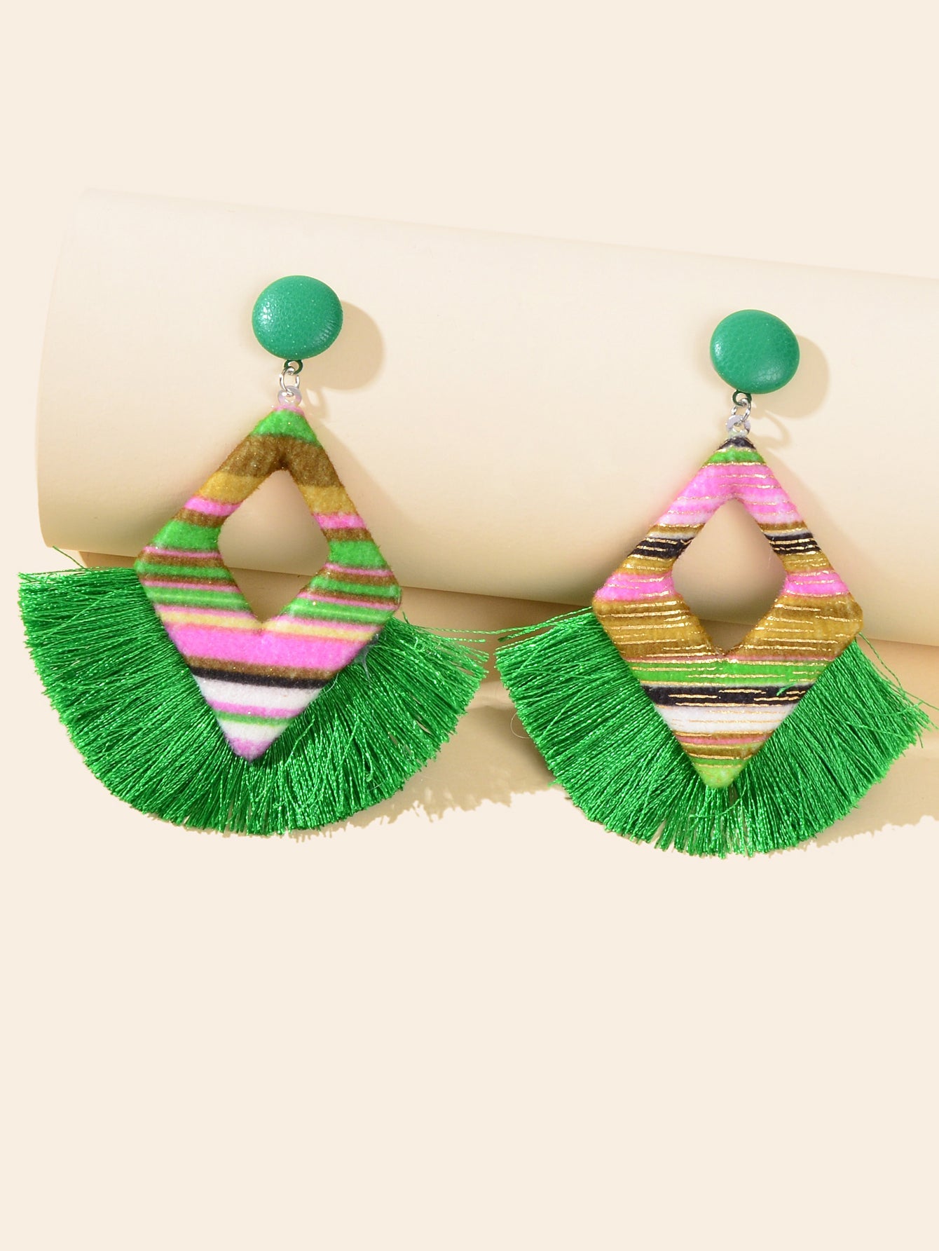 Bohemian Geometric Green Tassel Fringe Dangle Earrings Handmade Ethnic Jewellery-1