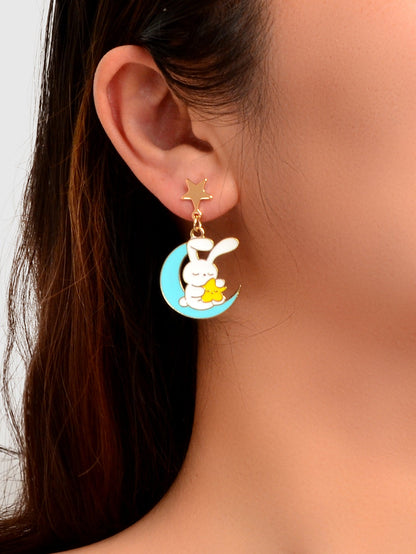 Star Moon Bunny Easter Stud Earrings Dangling Rabbit Ear Jewellery Holiday Gift-1
