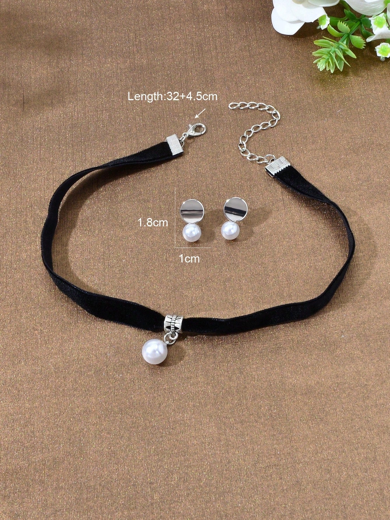 Black Velvet Pearl Pendant Necklace & Stud Earrings - Timeless Charm Jewelry Set-2