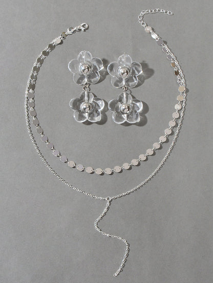 Multi-Layer Tassel Necklace Large Transparent Flower Stud Earrings Jewellery Set-1