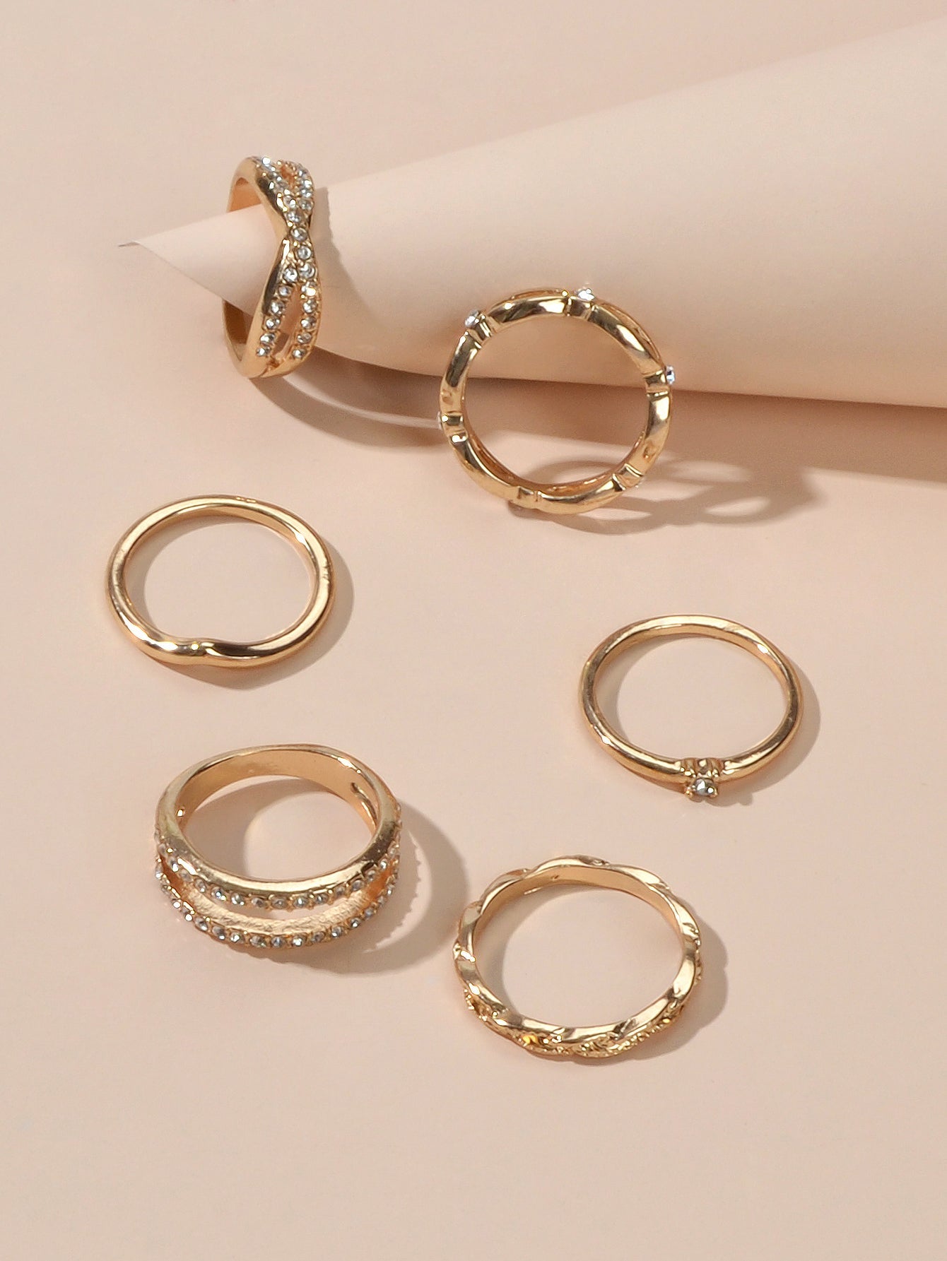 6pcs Band Women Gold Metal with Rhinestone Multiple Midi Finger Knuckle Ring set-1