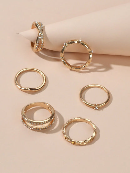 6pcs Band Women Gold Metal with Rhinestone Multiple Midi Finger Knuckle Ring set-1