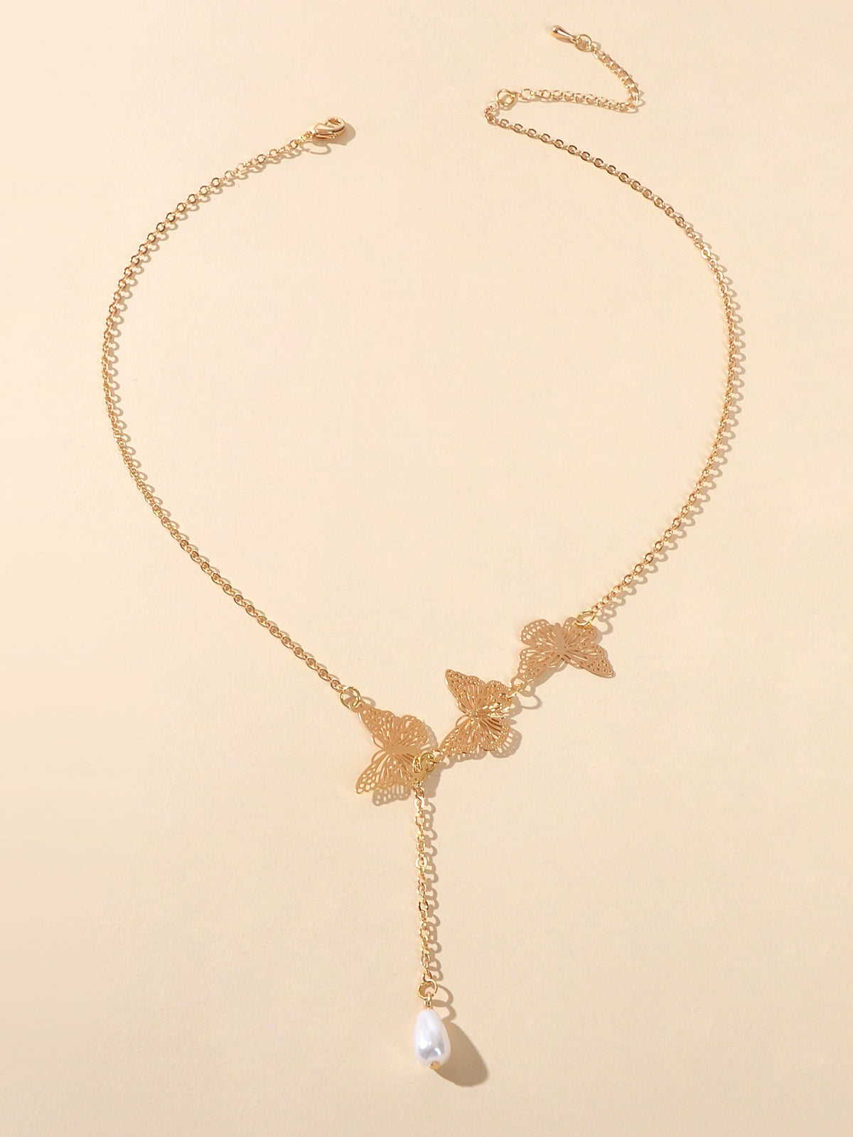 Designer Gold Butterfly Pearl Charm Personality Long Chain Dangle Y Necklace-1