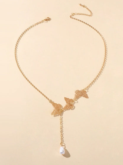 Designer Gold Butterfly Pearl Charm Personality Long Chain Dangle Y Necklace-1