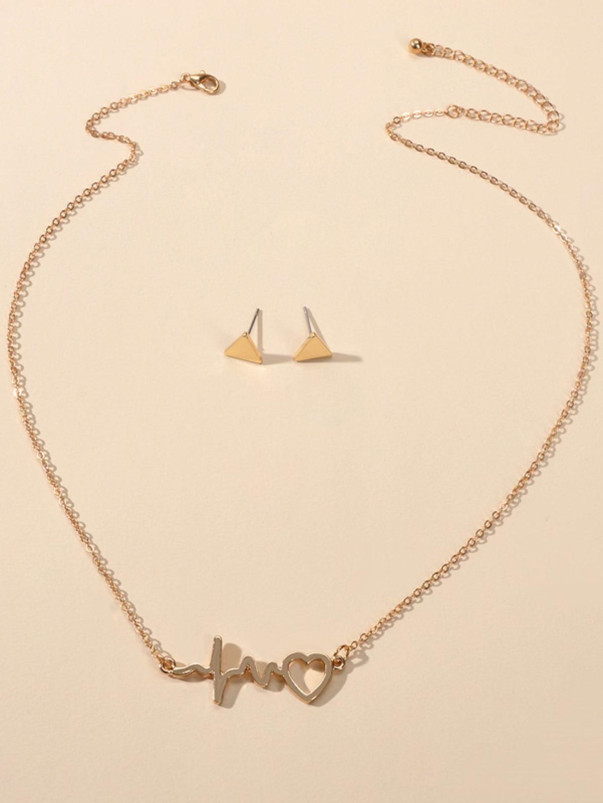 Minimalist Jewellery set Gold Chain Heartbeat Necklace and Triangle Earrings-1