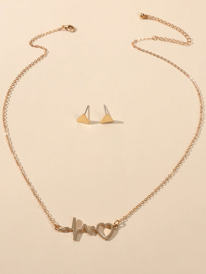 Minimalist Jewellery set Gold Chain Heartbeat Necklace and Triangle Earrings-1
