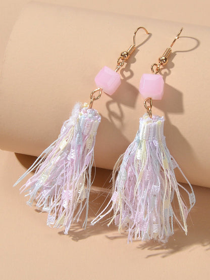 Ethnic Traditional Jewellery Pink Beads Rope Tassel Dangle Earrings for Women-5