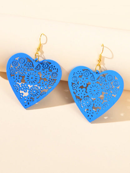 Nice Collection Colorful Wood Flower Pattern Hollow Heart Dangle Ladies Earrings-1