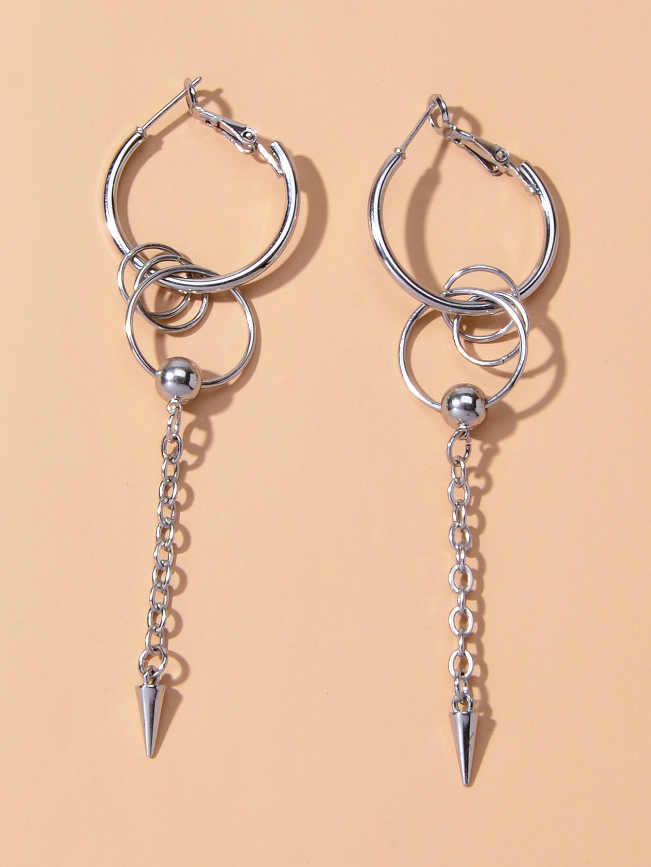 Punk Cool Cone Decor Drop Tassel Chain Hoop Spike Circle Huggie Rivet Earrings-4