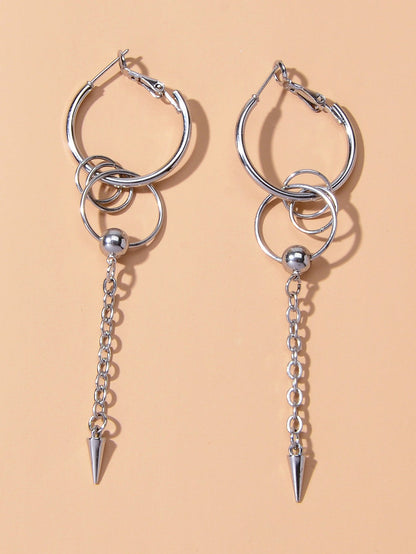 Punk Cool Cone Decor Drop Tassel Chain Hoop Spike Circle Huggie Rivet Earrings-4