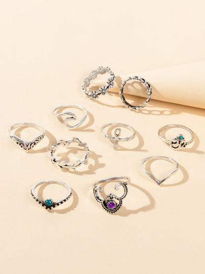 Multiple 10 pcs Antqiue Leaf Flower Geometric Stackable Midi Knuckle Rings set-1