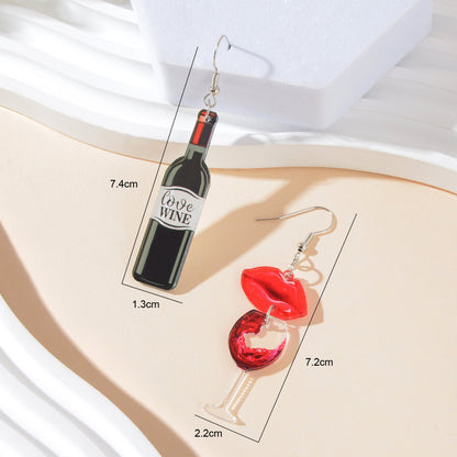 Funky Jewellery Acrylic Lips Wine Bottle and Glass Asymmetric Dangle Earrings-3