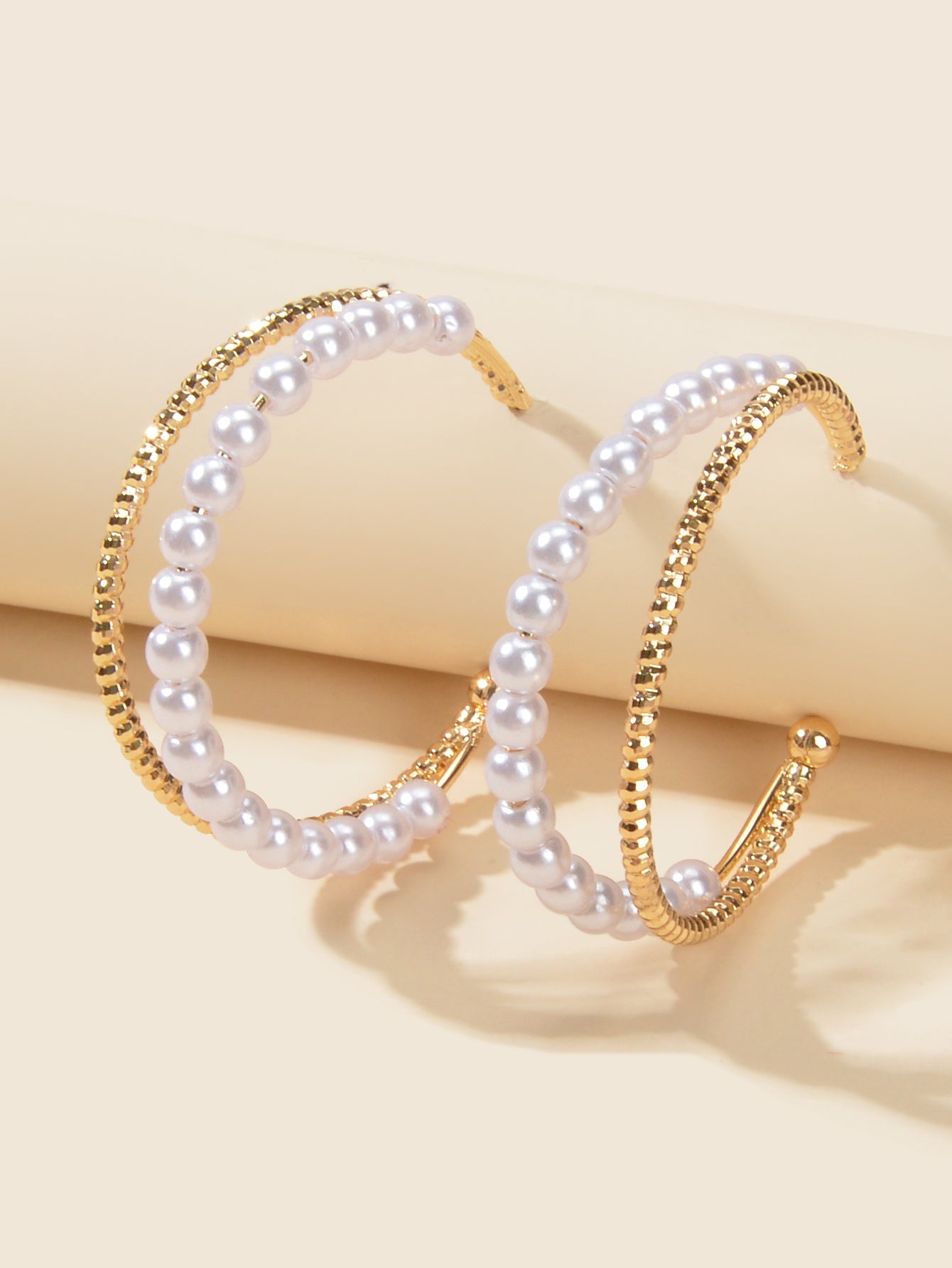 Good Quality Pearl Gold Metal Double layer Circle Chunky Hoop Huggie Earrings-1