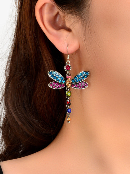Luxury Jewellery Colorful Rhinestone Dragonfly Long Pendant Dangle Gift Earrings-1