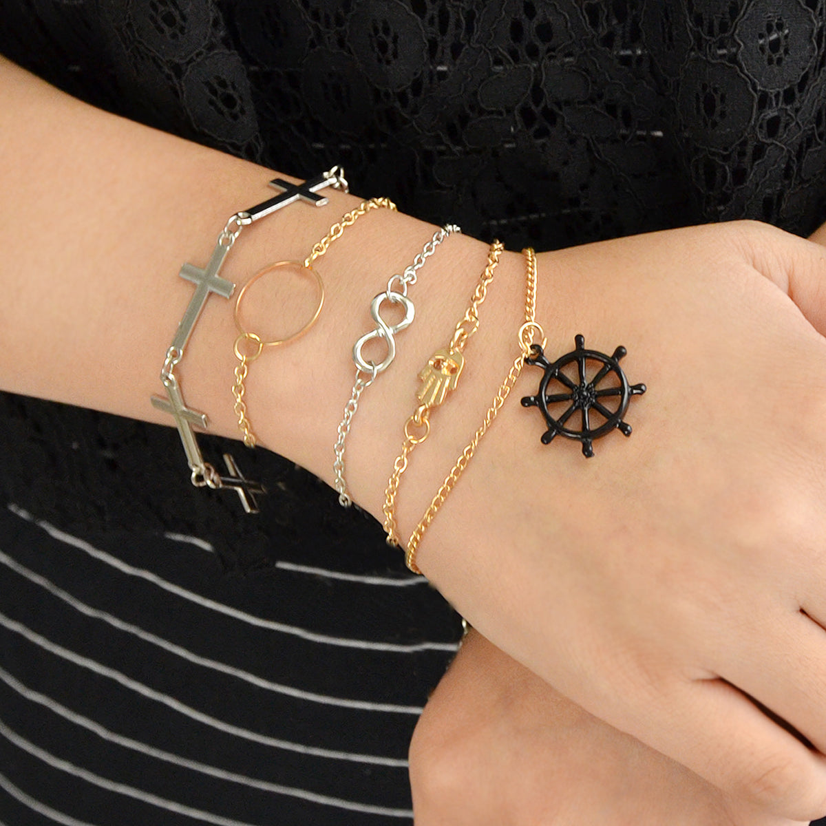 5pcs Nautical Silver Gold Chain Hand Infinity Cross Rudder Charm Bracelets set-1