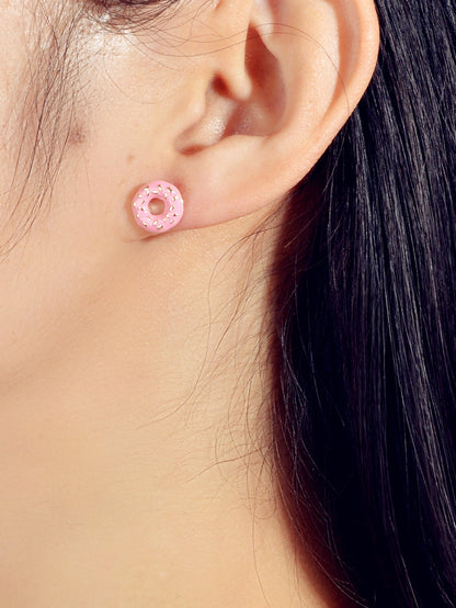 Lovely Pink Enamel Donuts Cute Stud Lightweight Earrings Dainty Women Girl Gift-1