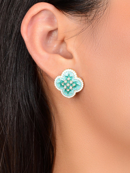 Exquisite Rhinestone and Pearl Decor Green Enamel Flower Stud Earrings for Women-1