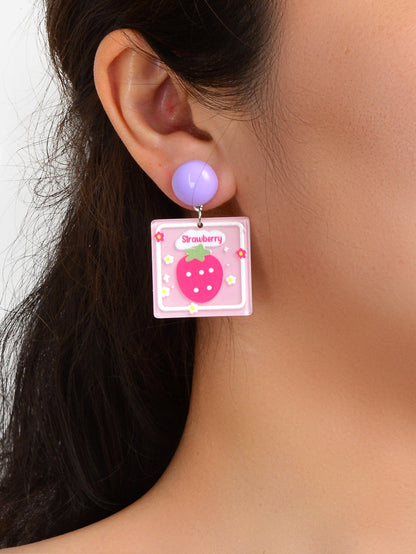 Sweet Acrylic Pink Strawberry Square Dangle Stud Earrings Y2k Style Accessories-1