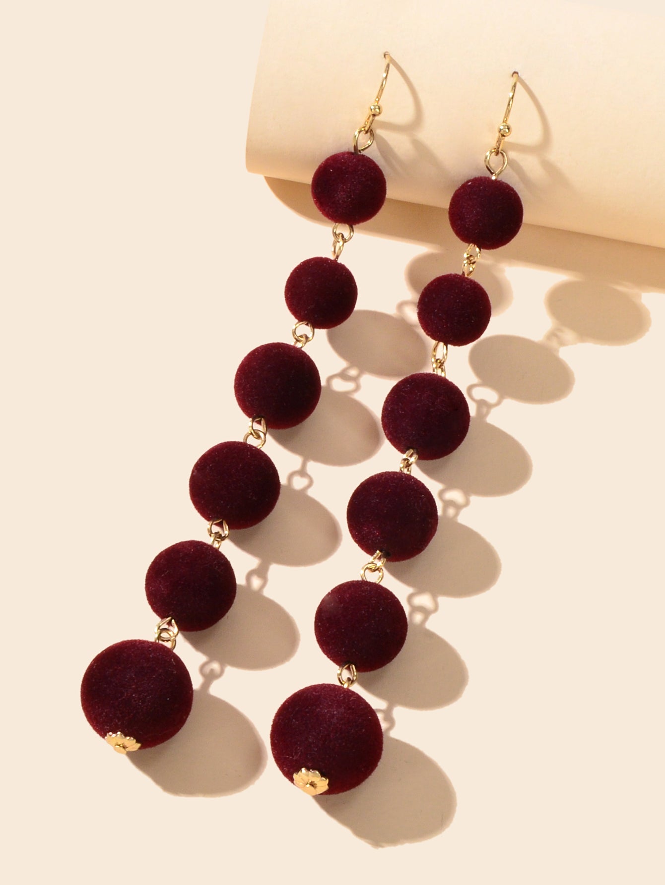 Retro Winered Flocking Ball Statement Long Pendant Pom Pom Dangle Earrings Gift-1
