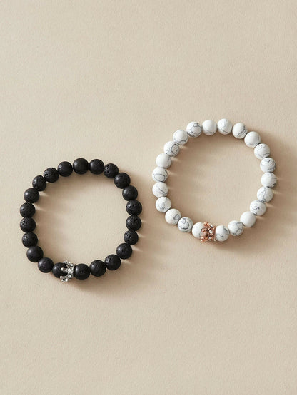 2pcs Crown Marble Lava Stone Beads Boho Ethnic Bracelet set Chunky Jewelry Gift-1