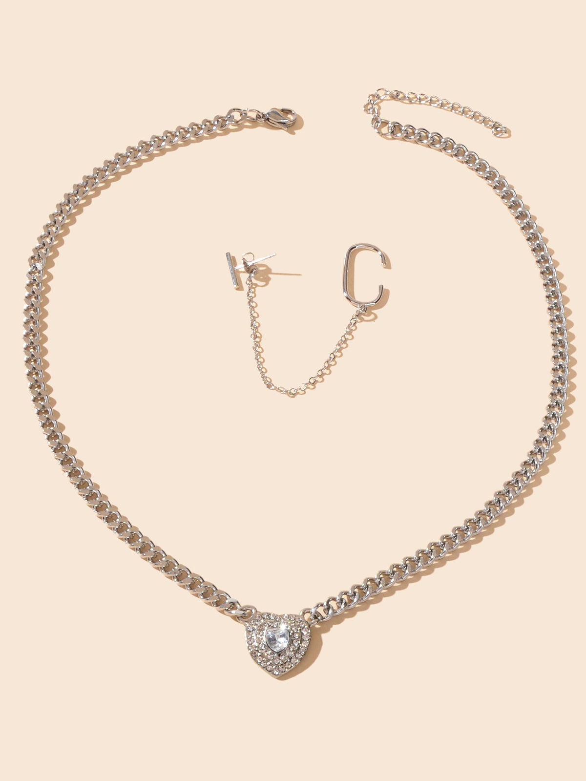 Luxury Jewellery Set Cubic Zirconia Heart Pendant Necklace Silver Ear Cuff Stud-1