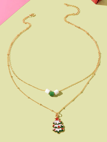 Festival Party Jewellery Gift Gold Layered Chain Christmas Tree Pendant Necklace-1