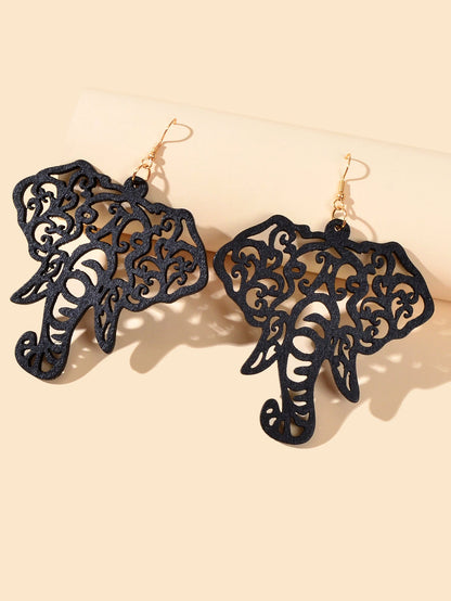 American Jewellery Indian Black Hollow Wood Elephant Big Ethnic Dangle Earrings-1
