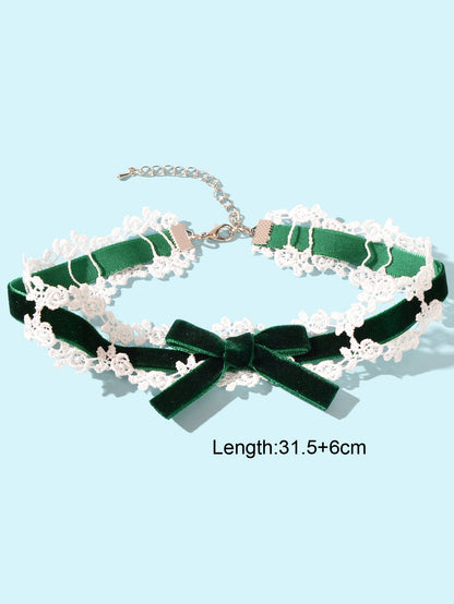 90s White Lace Flower Black Velvet Bowknot Tattoo Choker Necklace Grunge Collar-4