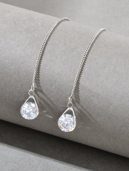 Ladies Jewellery Silver Long Chain Faux Cubic Zirconia Charm Dangle Earrings-1