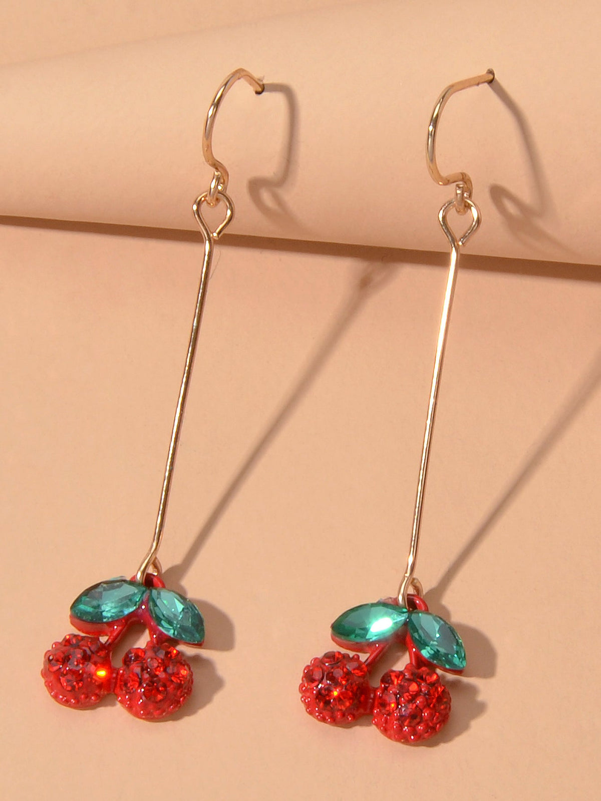 Gift Jewellery Cute Funny Green Crystal Red Cherry Long Dangle Pendant Earrings-1