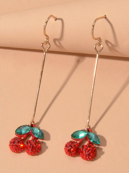 Gift Jewellery Cute Funny Green Crystal Red Cherry Long Dangle Pendant Earrings-1
