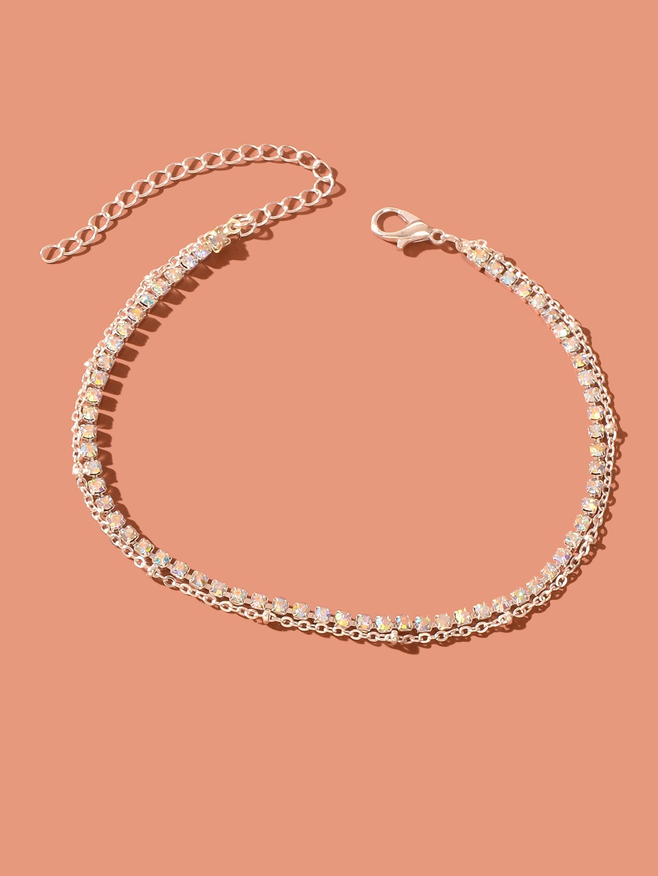 Summer Rhinestone Decor Double Layer Silver Chain Anklet Beach Foot Jewellery-1