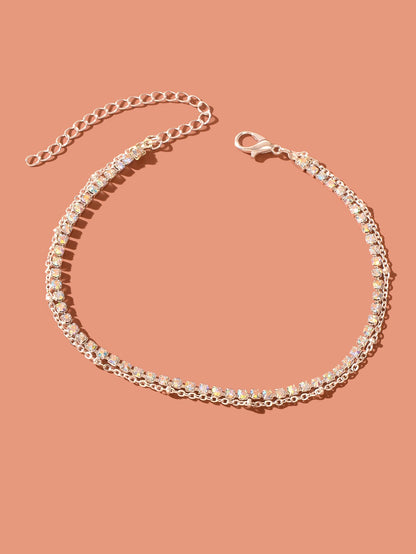 Summer Rhinestone Decor Double Layer Silver Chain Anklet Beach Foot Jewellery-1