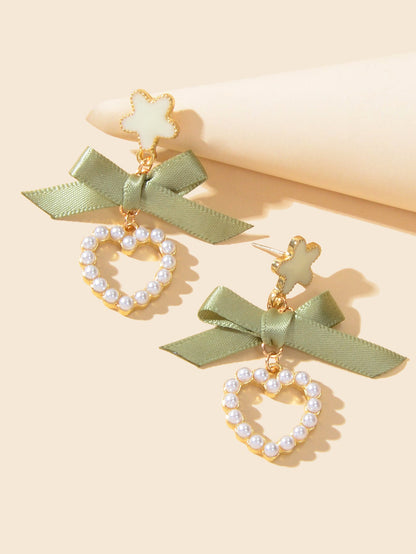 Cute Funny Handmade Enamel Flower Green Bow Pearl Heart Drop Earrings Women Gift-1