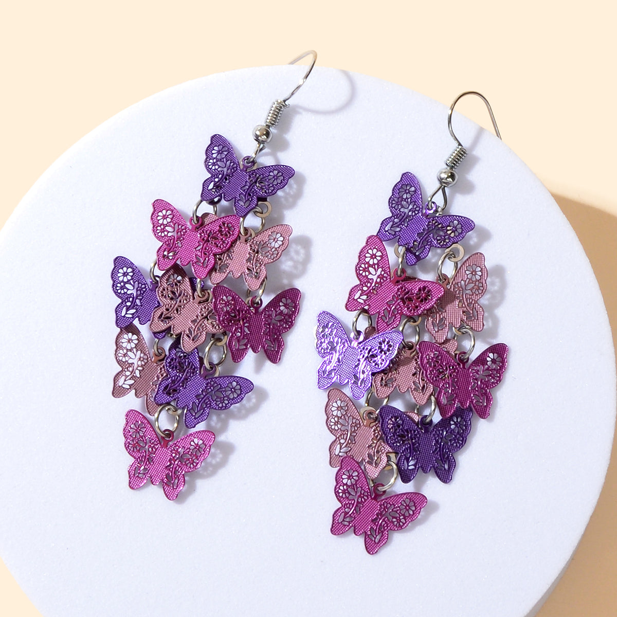 Women's Fashion Hot Pink Purple Hollow Multi-level Butterfly Chandelier Earrings-1