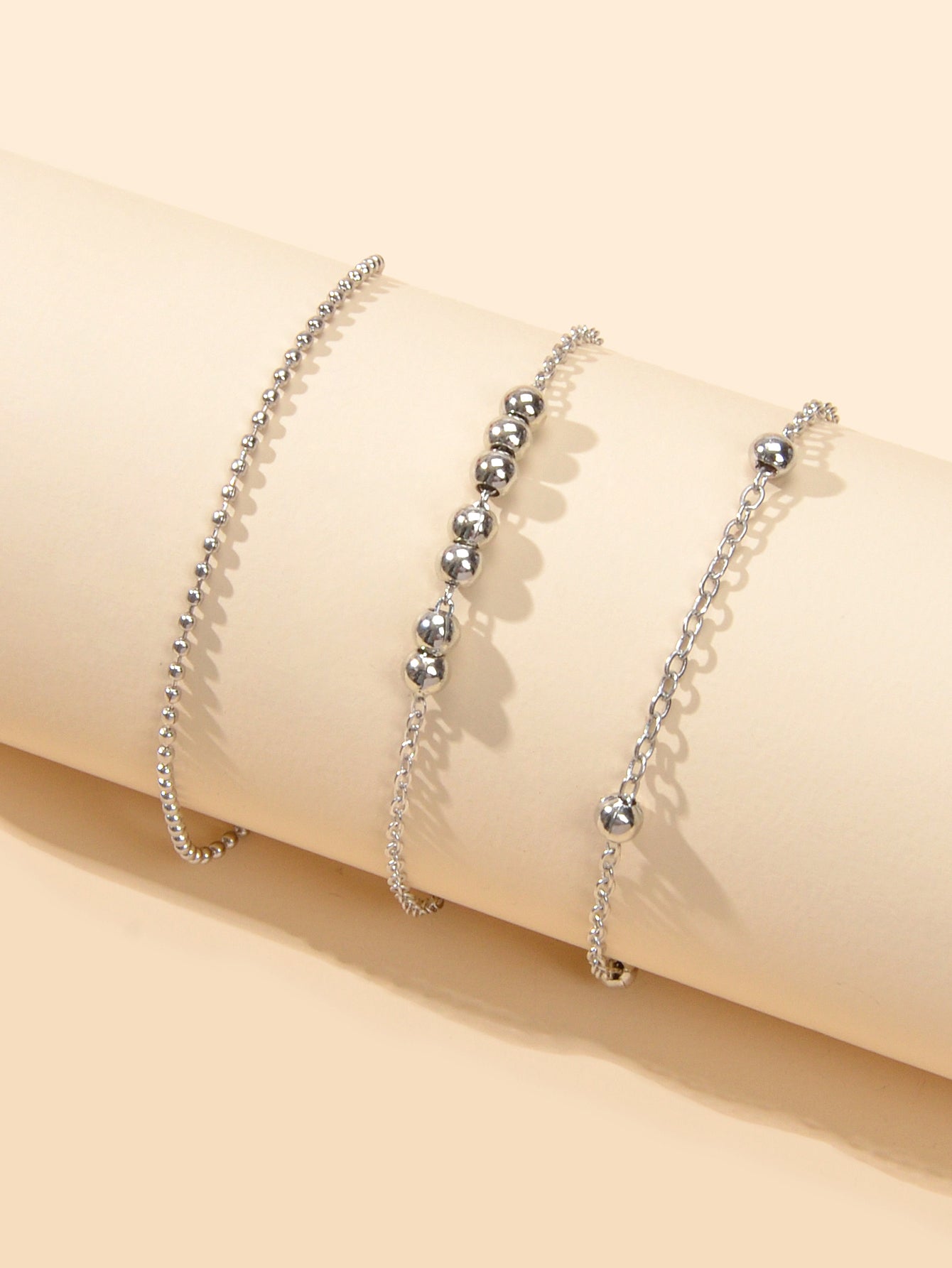 Barefoot Sandals Anklet Bracelet 3pcs Silver Chain Beads Adjustable Foot Jewelry-1