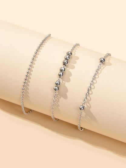 Barefoot Sandals Anklet Bracelet 3pcs Silver Chain Beads Adjustable Foot Jewelry-1