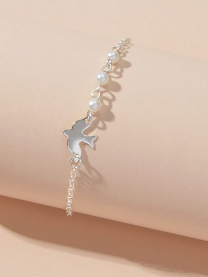 Silver Colour Chain Pearl Decor Bird Bracelet Girls Teens Minimalist Jewellery-1