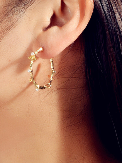 Designer Metal Pearl Branch C Shape Hypoallergenic Hoop Earrings Nice Collection-1