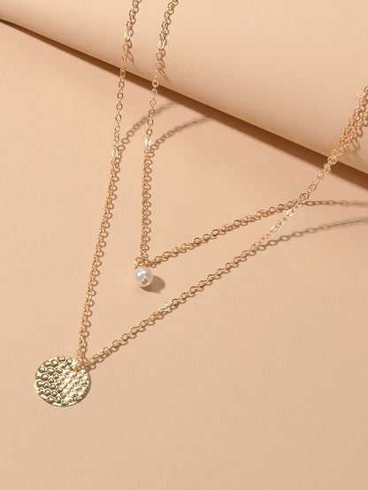 Female Layered Gold Chain Pearl Round Disc Pendant Necklace Party Accessories-1