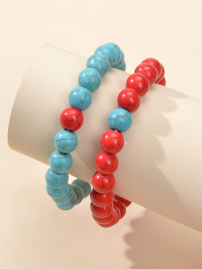 2pcs Bohemian Ethnic Handmade Red Beige Beads Turquoise Elastic Bracelets Bangle-1