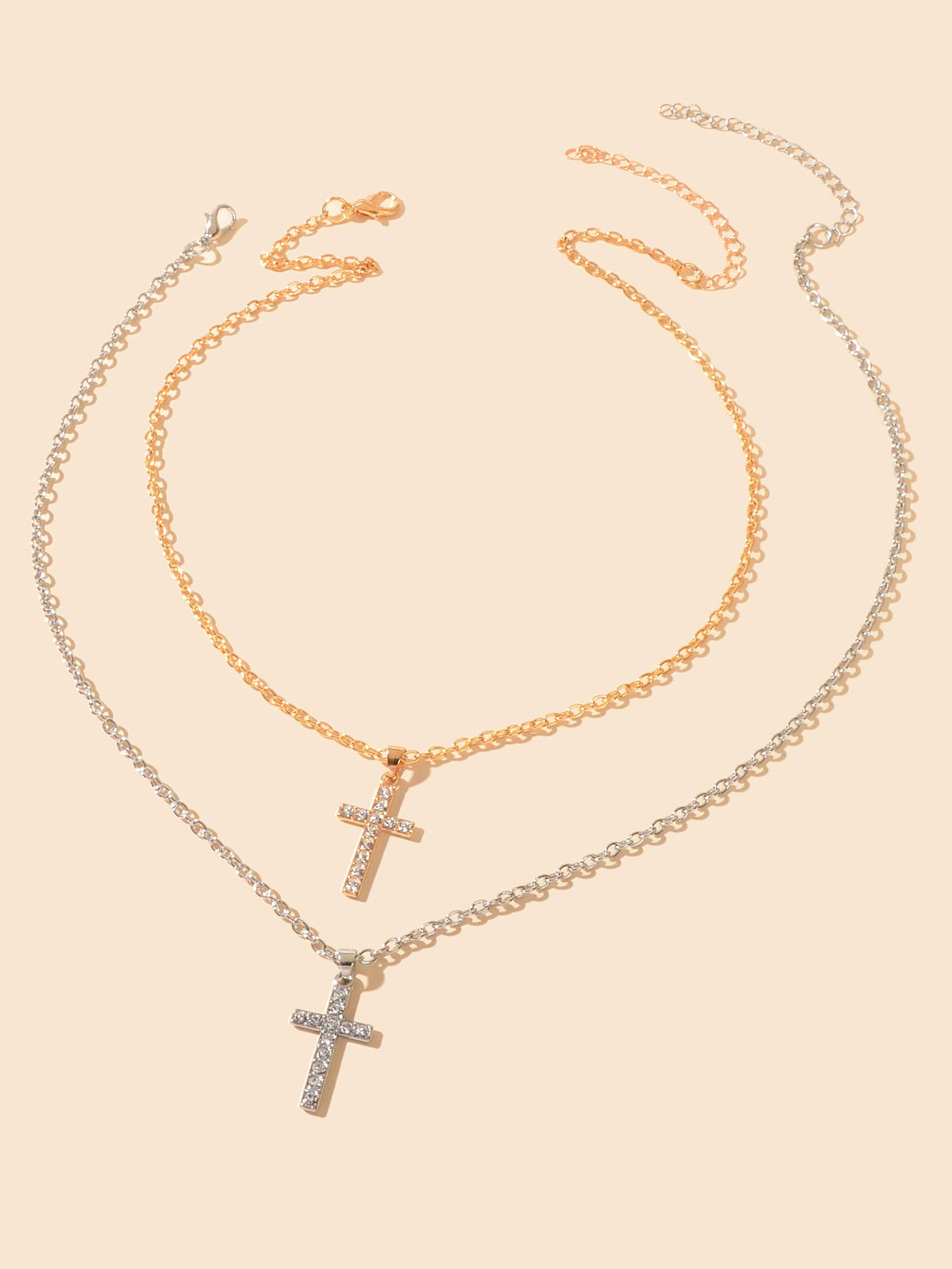 2 pcs Gold Silver Chain Rhinestone Cross Matching Necklace Lovers Couples Gift-1