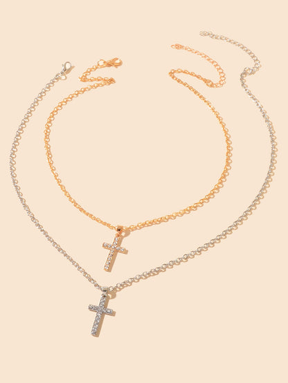 2 pcs Gold Silver Chain Rhinestone Cross Matching Necklace Lovers Couples Gift-1