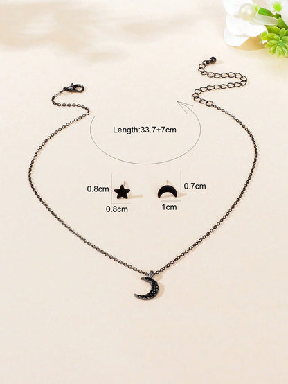 Black Moon Pendant with Moon and Stars Stud Earrings Set Celestial Jewelry Gift-2
