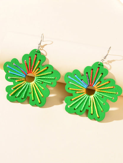 Boho Handmade Jewellery Colorful Rope Braided Green Flower Wood Holiday Earrings-1