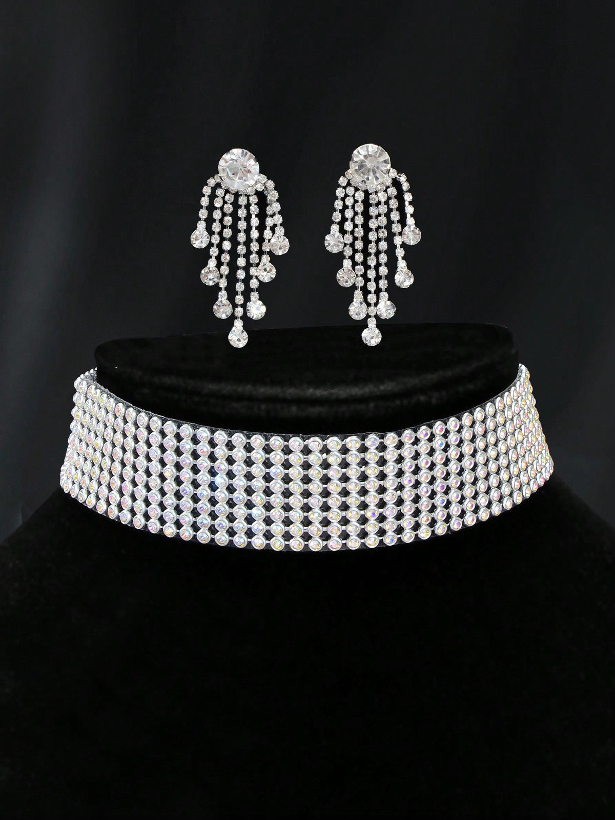 Silver Colour Full Crystal Short Choker Necklace & Tassel Earrings Jewellery Set-2