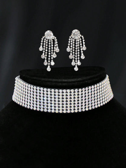 Silver Colour Full Crystal Short Choker Necklace & Tassel Earrings Jewellery Set-2
