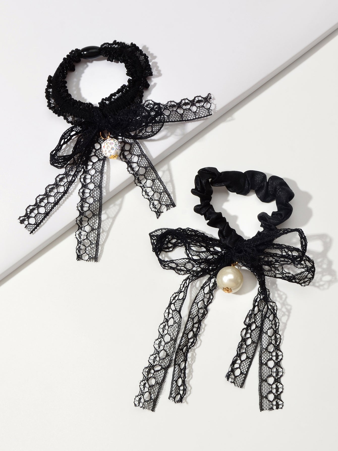 2pcs Black Lace Bead Elastic Bowknot Hair Ties Ropes Women Girl Hair Accessories-1